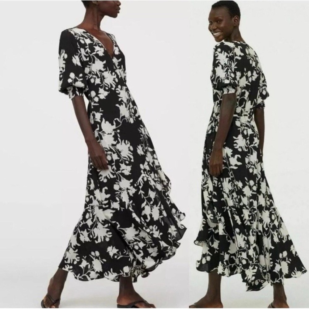 JOHANNA ORTIZ H&M COLLABORATION BLACK & WHITE ORCHID FLORAL WRAP DRESS SIZE L - Picture 2 of 12
